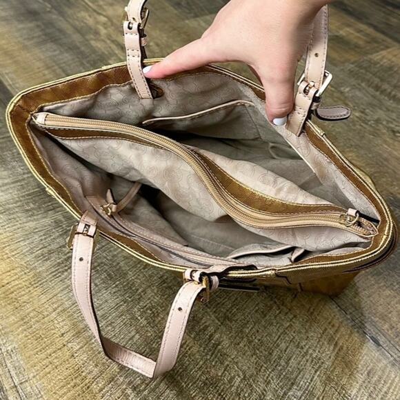 Michael Kors metallic gold Jet Set East West travel monogram logo tote - Picture 5 of 8